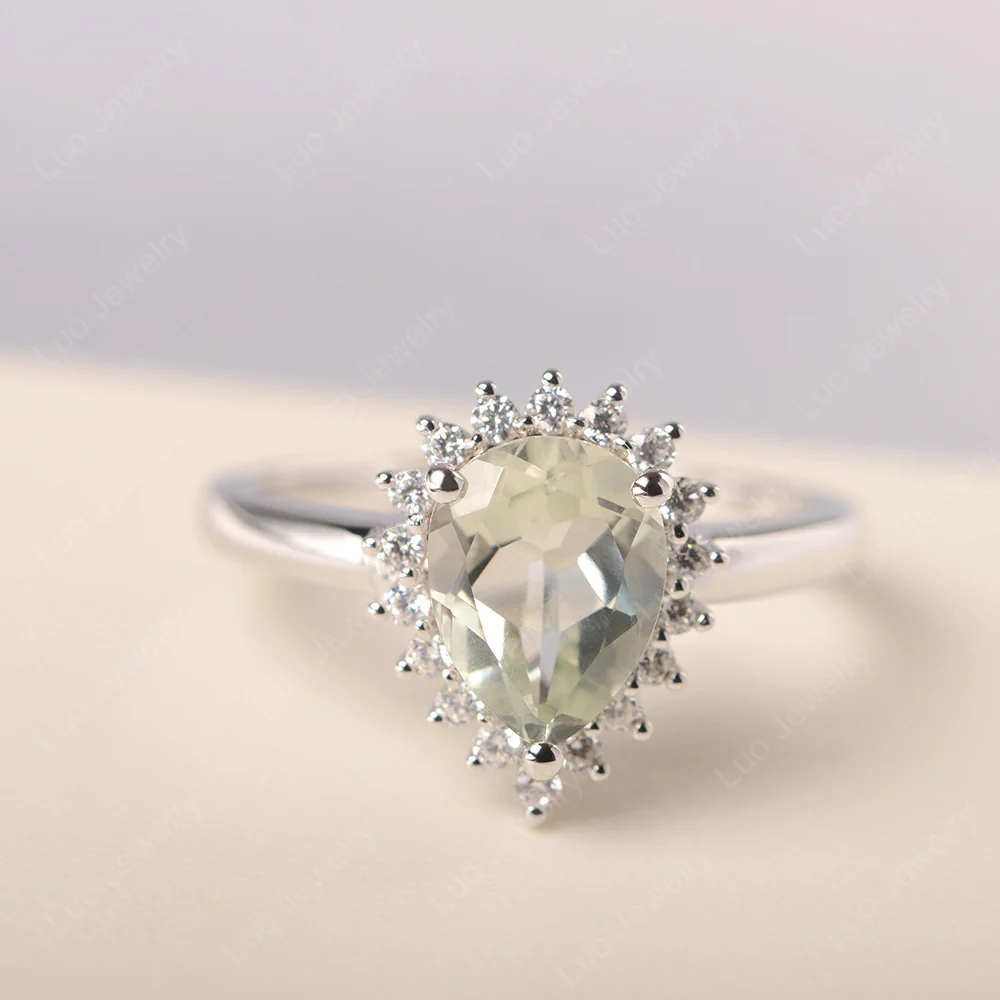 Green Amethyst Pear Shaped Halo Ring