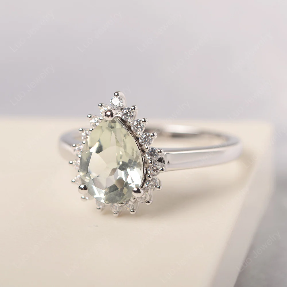 Green Amethyst Pear Shaped Halo Ring - Image 2