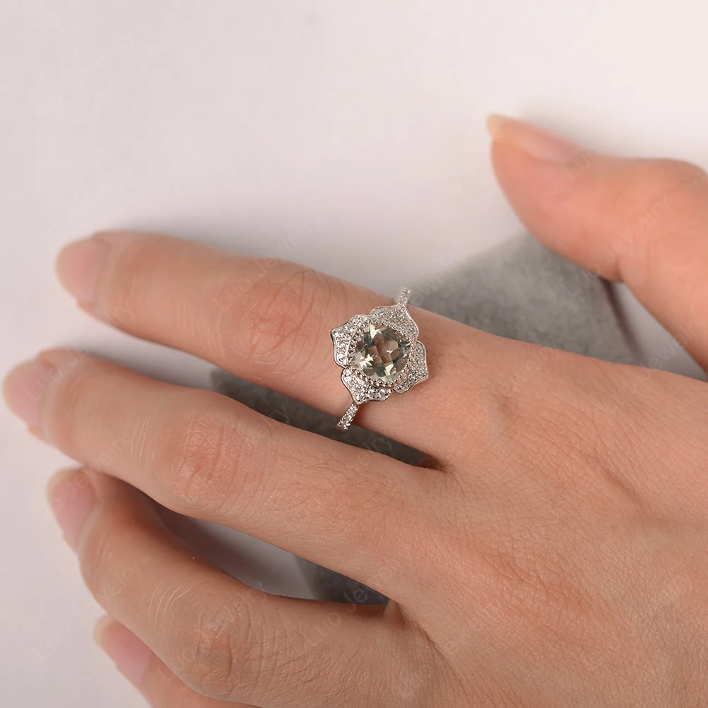 Green Amethyst Lotus Halo Engagement Ring - Image 3