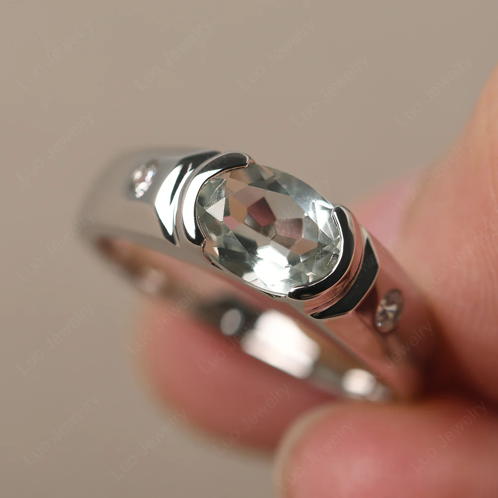 Oval Green Amethyst Horizontal Unisex Ring