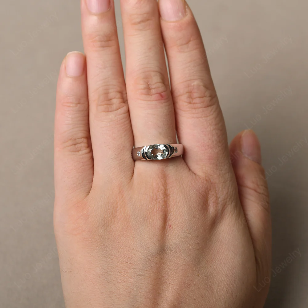 Oval Green Amethyst Horizontal Unisex Ring - Image 5