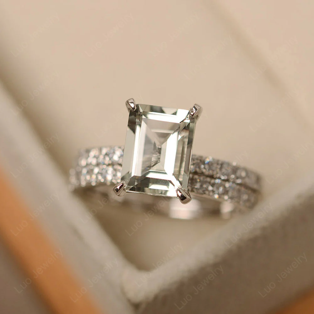 Emerald Cut Green Amethyst Wedding Ring Sets