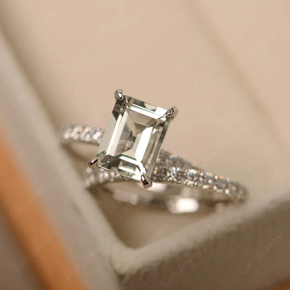 Emerald Cut Green Amethyst Wedding Ring Sets - Image 2