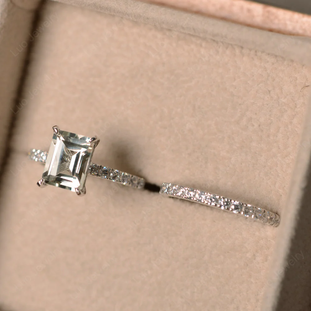 Emerald Cut Green Amethyst Wedding Ring Sets - Image 5