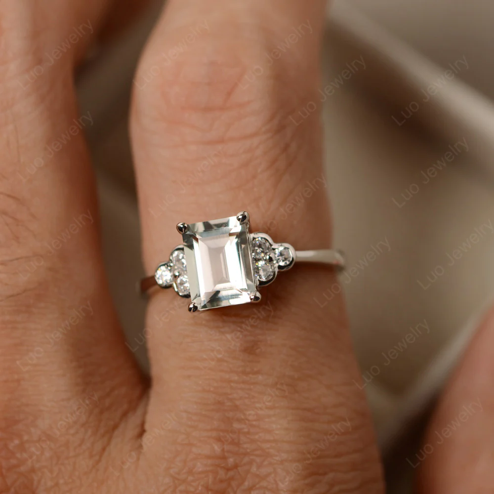 Emerald Cut Green Amethyst Ring with Trio - Image 4