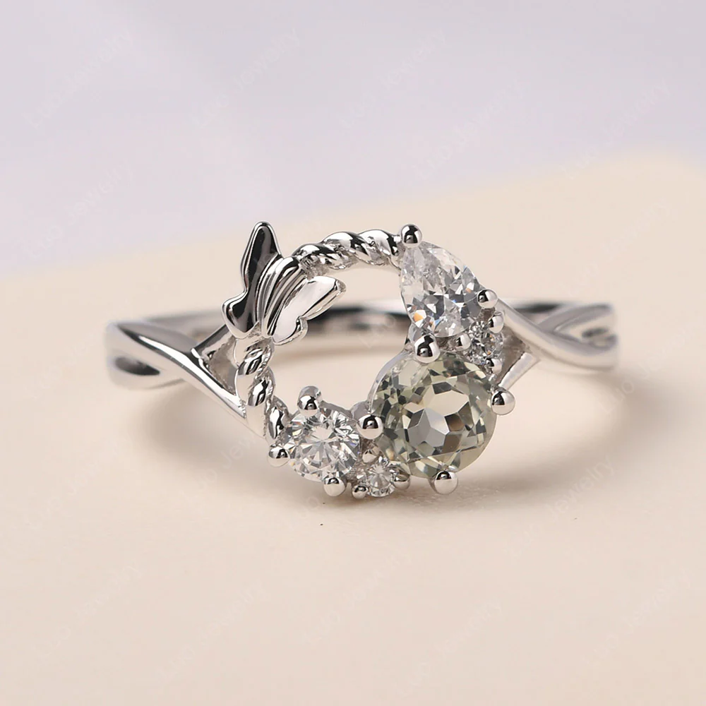 Vine and Butterfly Ring with Green Amethyst