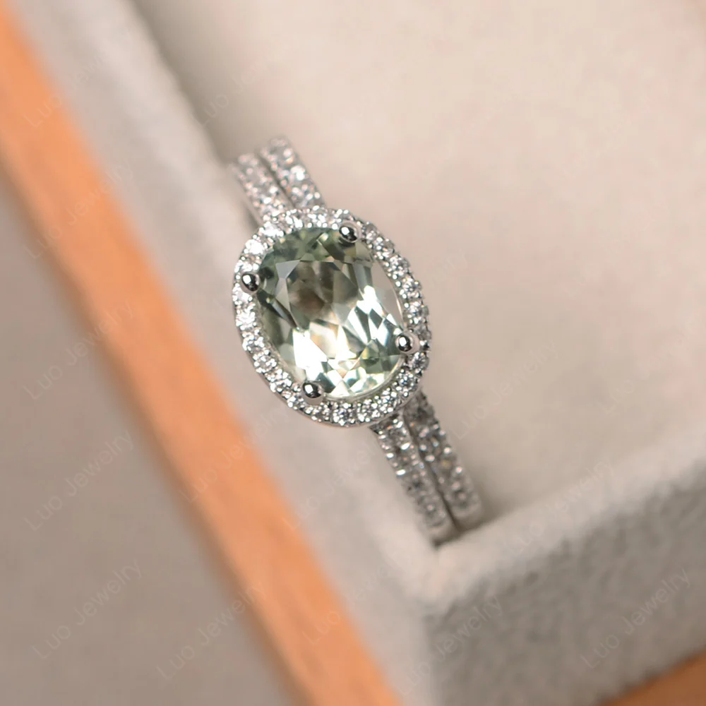 Green Amethyst Oval Halo Wedding Set - Image 2