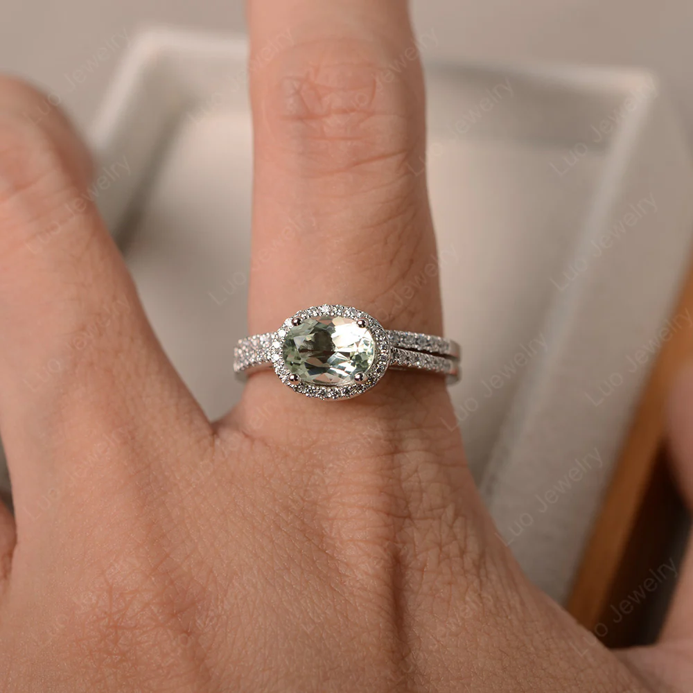 Green Amethyst Oval Halo Wedding Set - Image 4