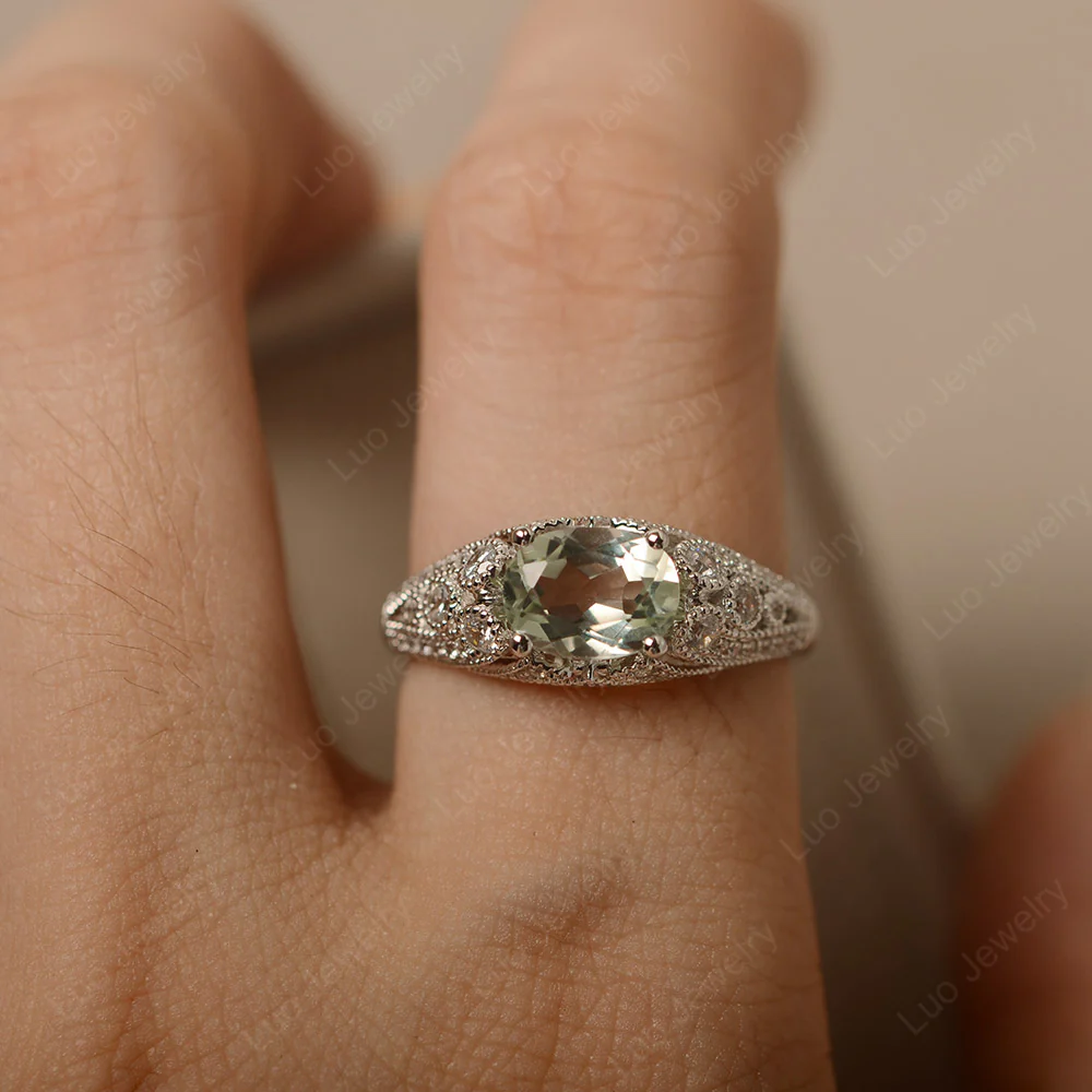 Vintage Horizontal Oval Cut Green Amethyst Ring - Image 6