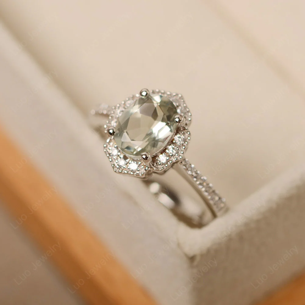 Milgrain Halo Green Amethyst Engagement Ring - Image 2