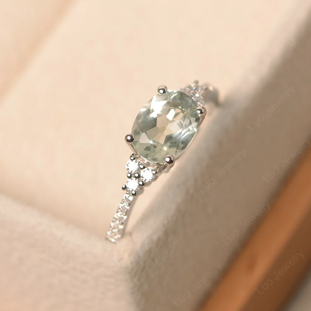 Horizontal Oval Cut Green Amethyst Engagement Ring