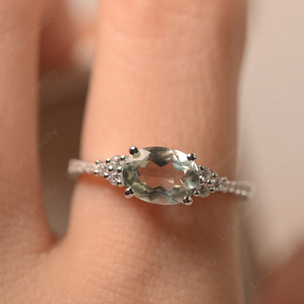Horizontal Oval Cut Green Amethyst Engagement Ring - Image 5