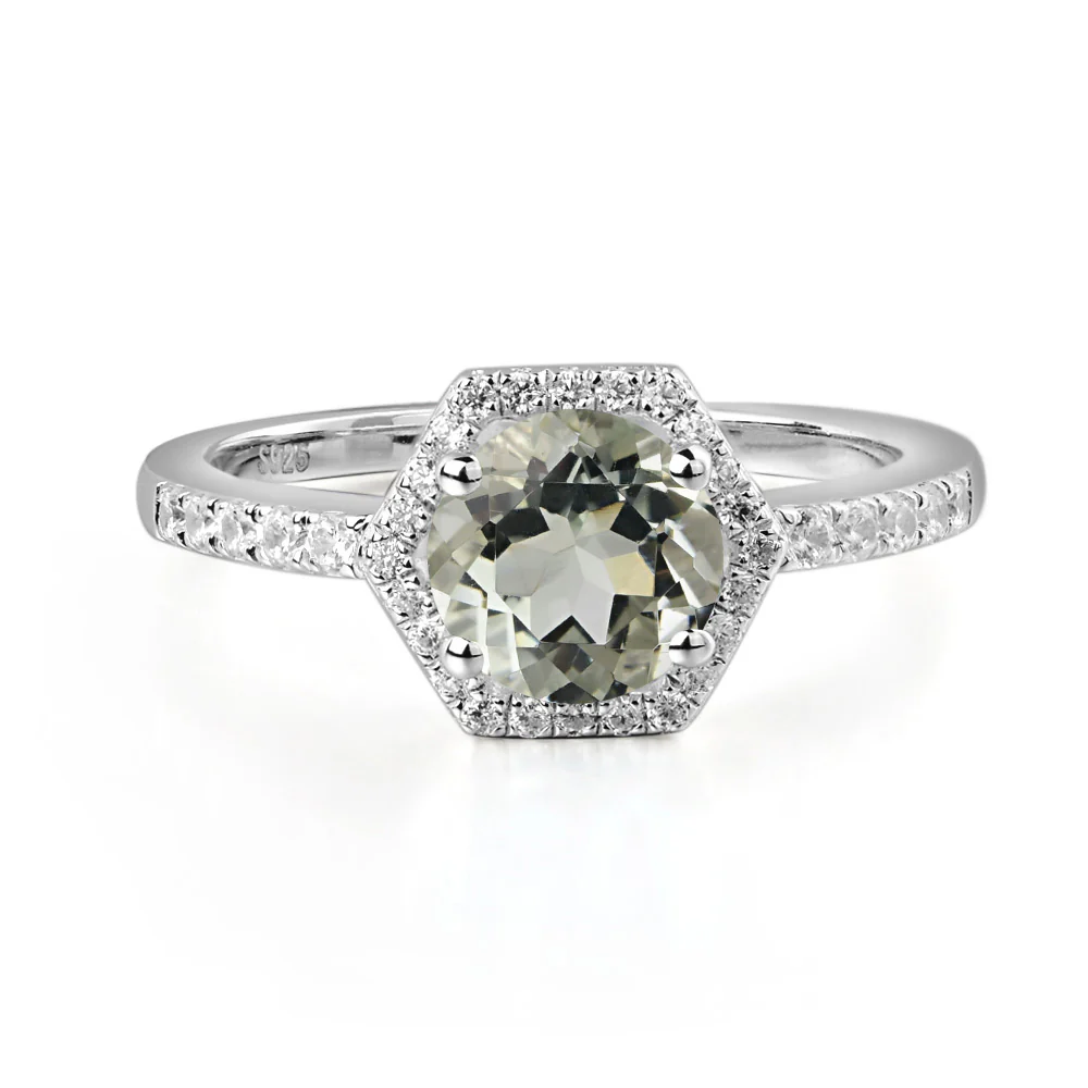 Green Amethyst Hexagon Halo Engagement Ring