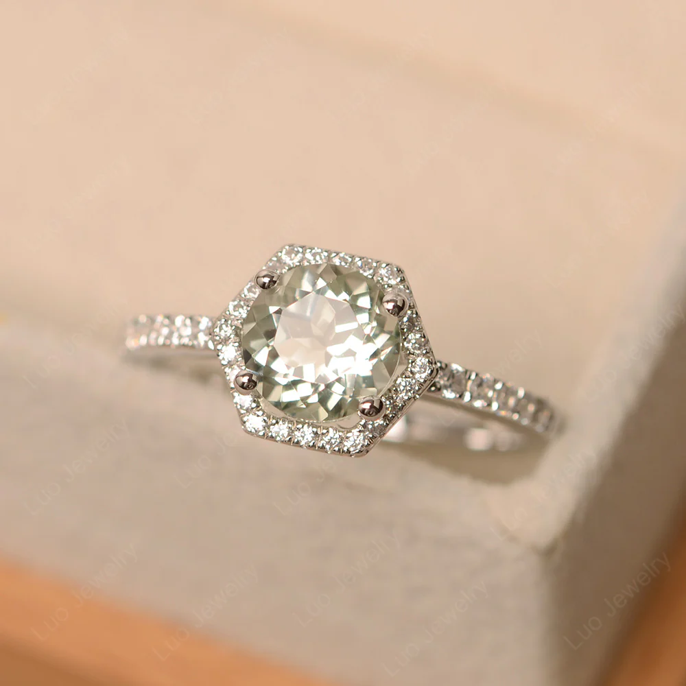Green Amethyst Hexagon Halo Engagement Ring - Image 3