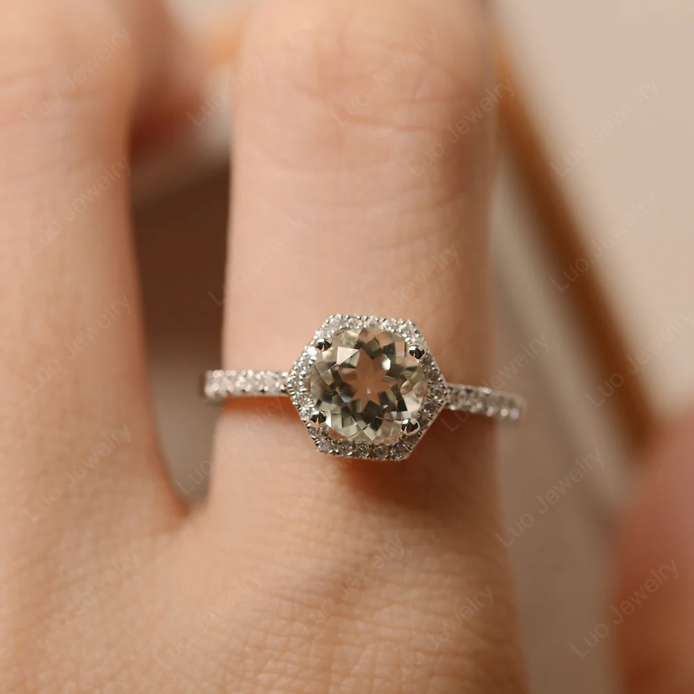 Green Amethyst Hexagon Halo Engagement Ring - Image 6