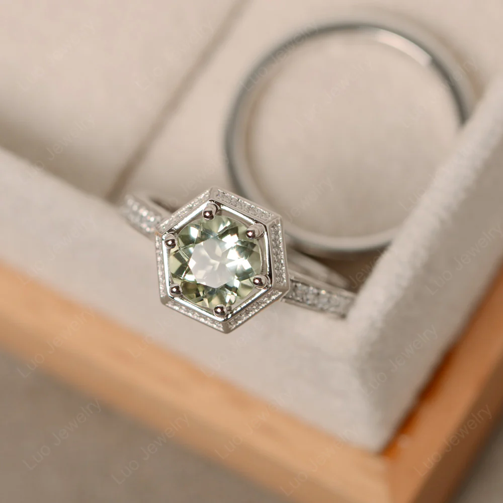 Green Amethyst 6 Prong Wedding Ring Set - Image 3