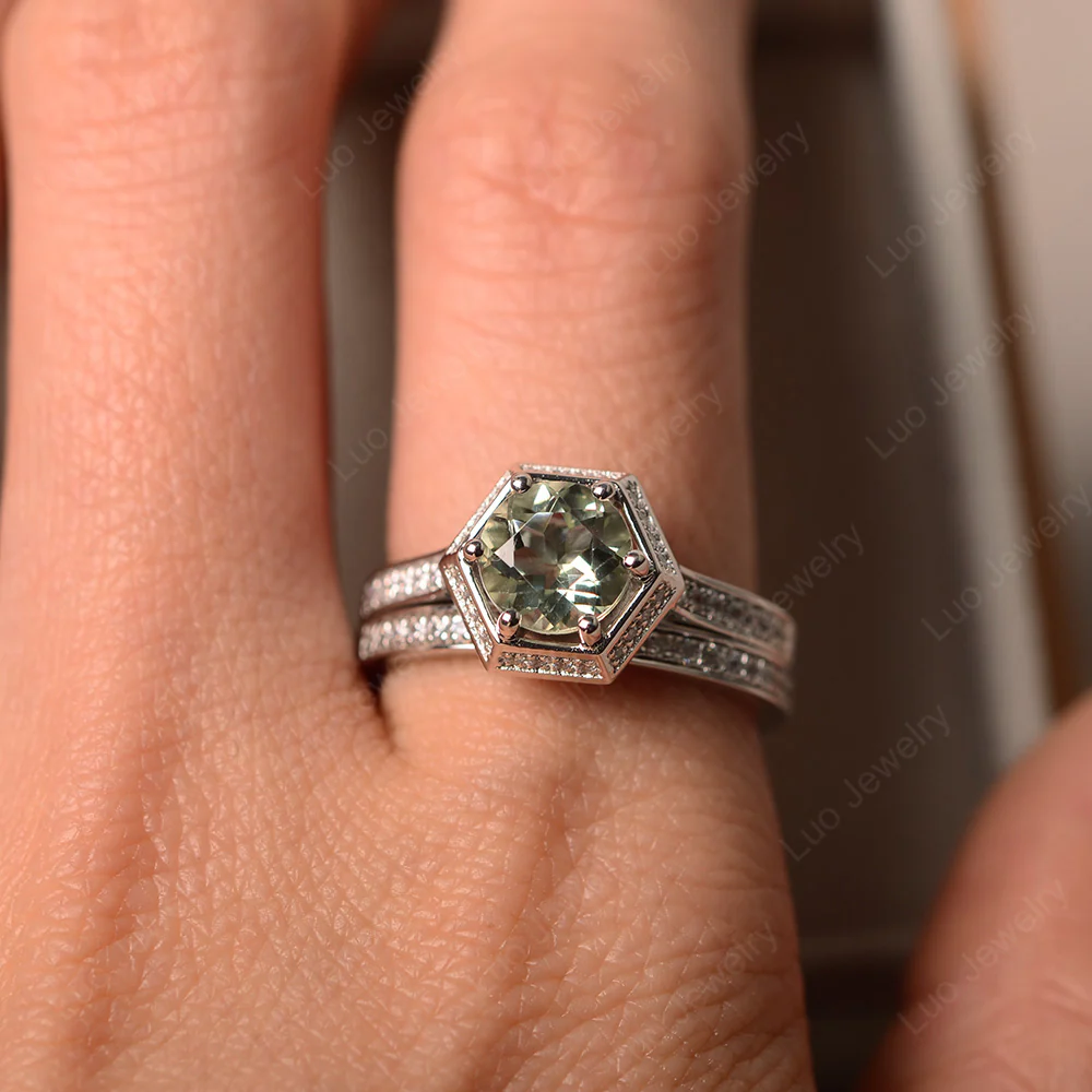 Green Amethyst 6 Prong Wedding Ring Set - Image 4