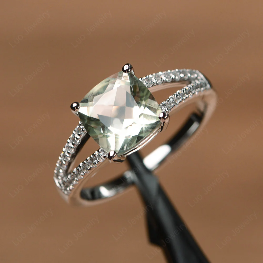 Cushion Cut Green Amethyst Split Shank Ring - Image 2