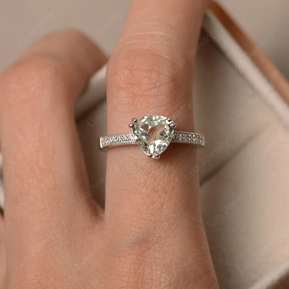 Trillion Cut Green Amethyst Double Prong Ring - Image 4