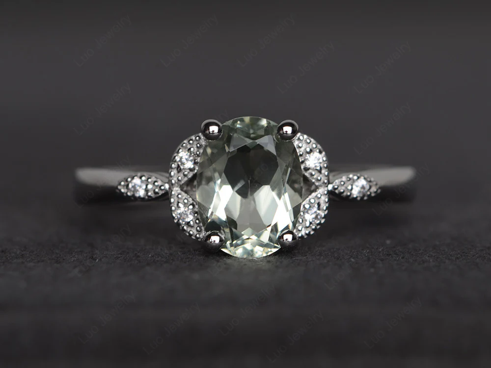 Oval Green Amethyst Leaf Engagement Ring