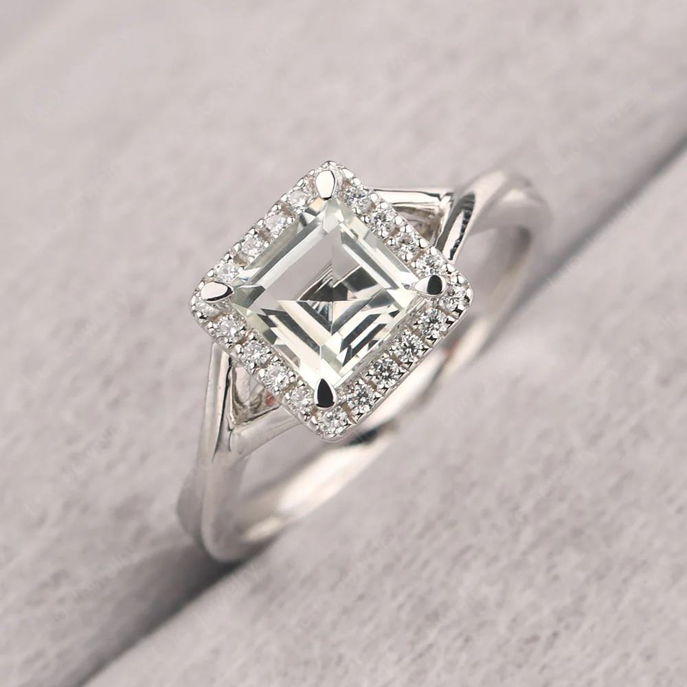 Green Amethyst Split Shank Halo Engagement Ring - Image 2