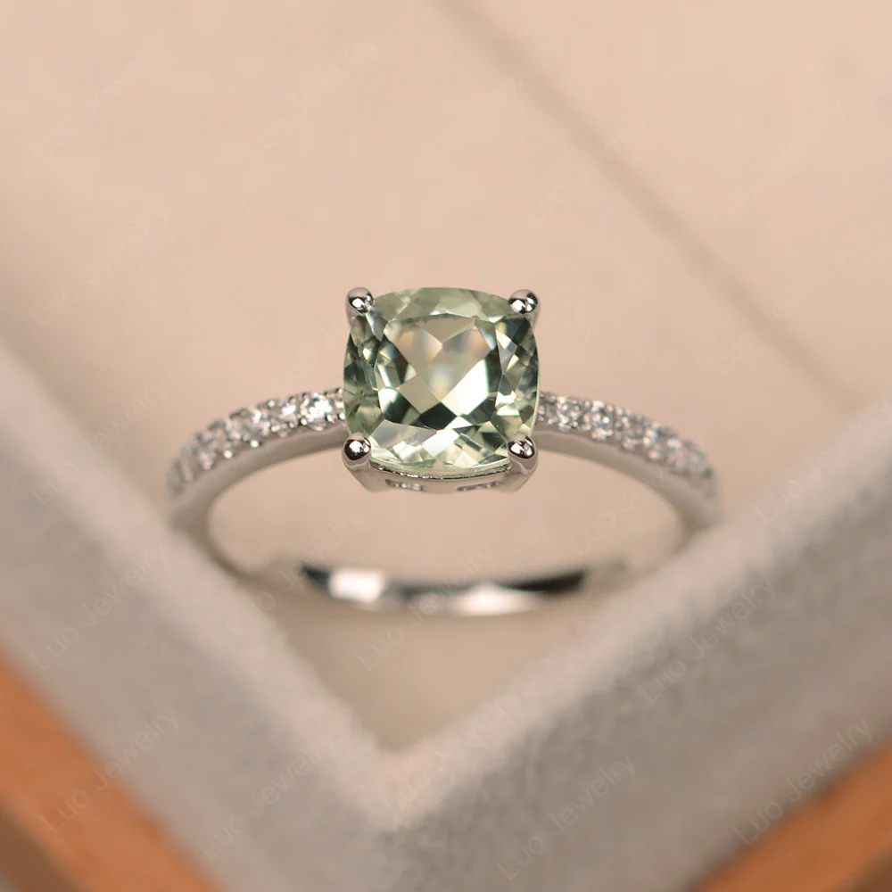 Cushion Cut Green Amethyst Promise Ring