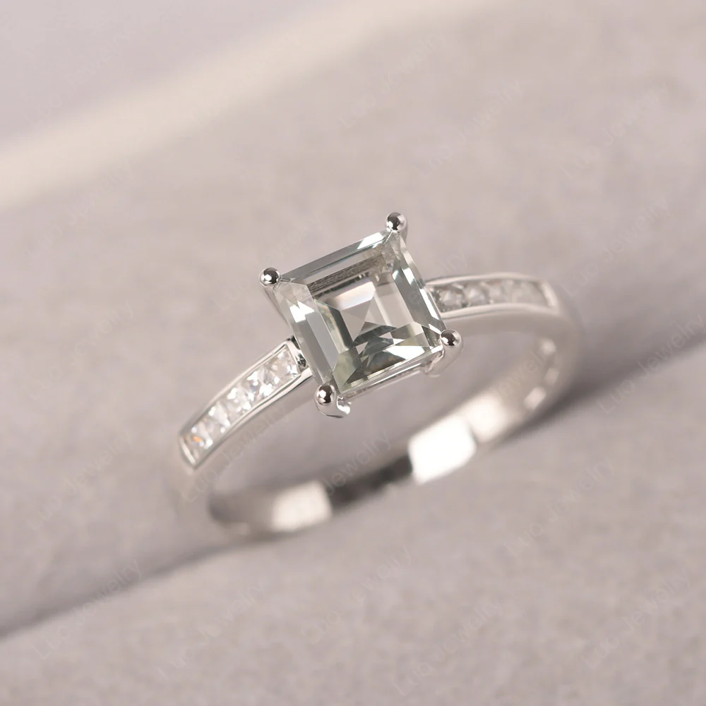 Square Cut Green Amethyst Promise Ring