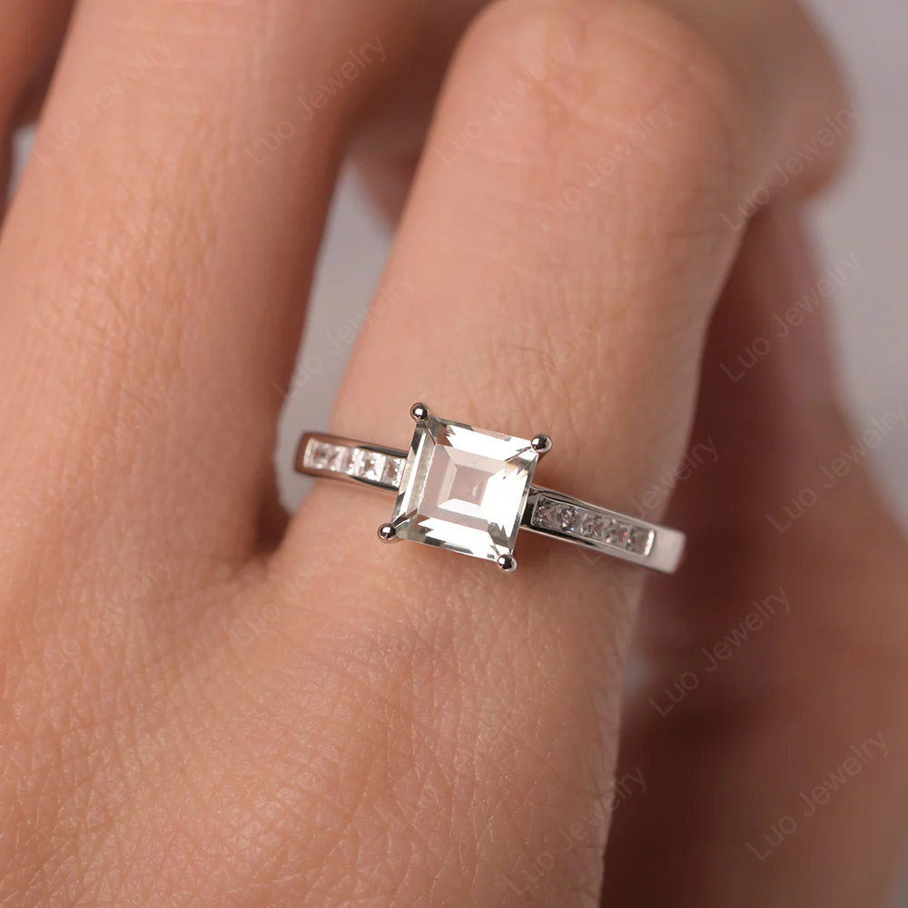 Square Cut Green Amethyst Promise Ring - Image 5