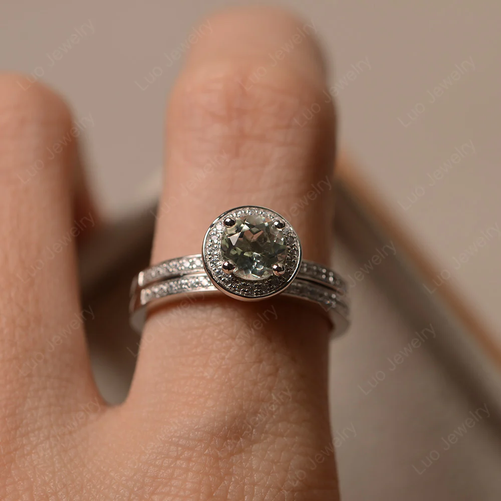 Round Cut Green Amethyst Halo Bridal Set Ring - Image 4