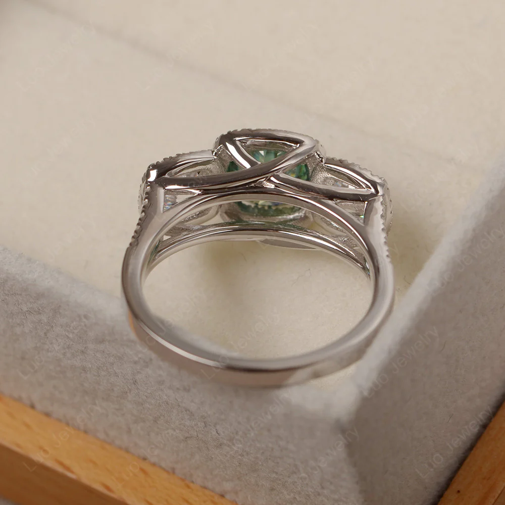 Green Moissanite 3 Stone Halo Engagement Ring - Image 3