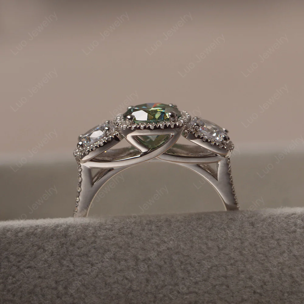 Green Moissanite 3 Stone Halo Engagement Ring - Image 4