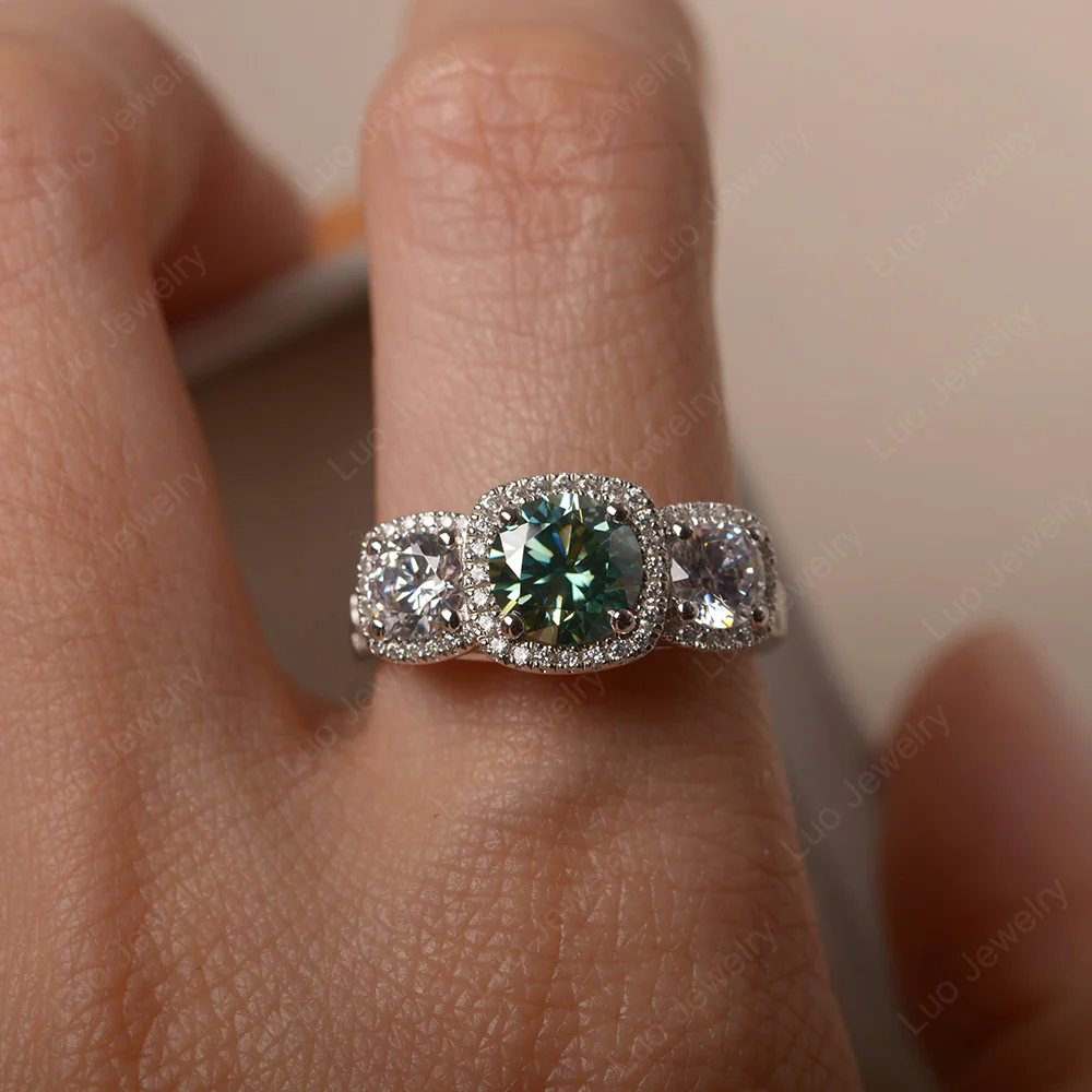 Green Moissanite 3 Stone Halo Engagement Ring - Image 5