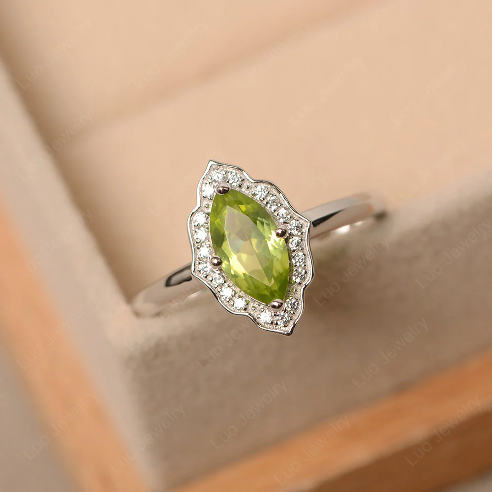 Marquise Cut Peridot Halo Engagement Ring - Image 3