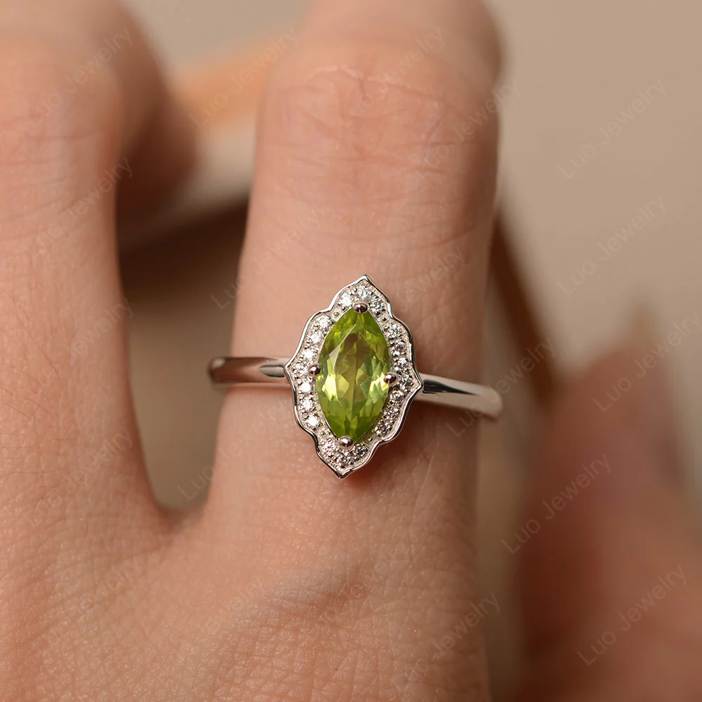 Marquise Cut Peridot Halo Engagement Ring - Image 6