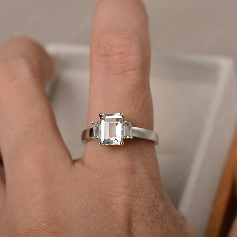 Emerald Cut Green Amethyst Ring with Baguettes - Image 4