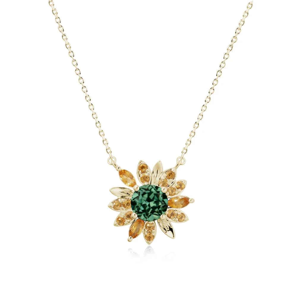 Green Sapphire and Citrine Sunflower Pendant Necklace