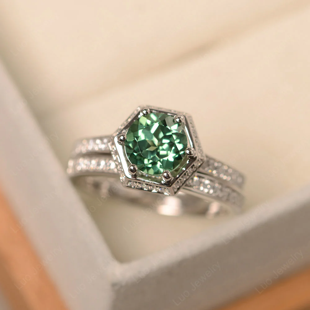 Green Sapphire Hexagon Bridal Set Rings