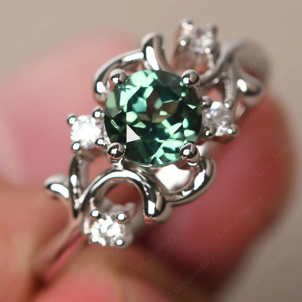 Green Sapphire Intricate Engagement Ring
