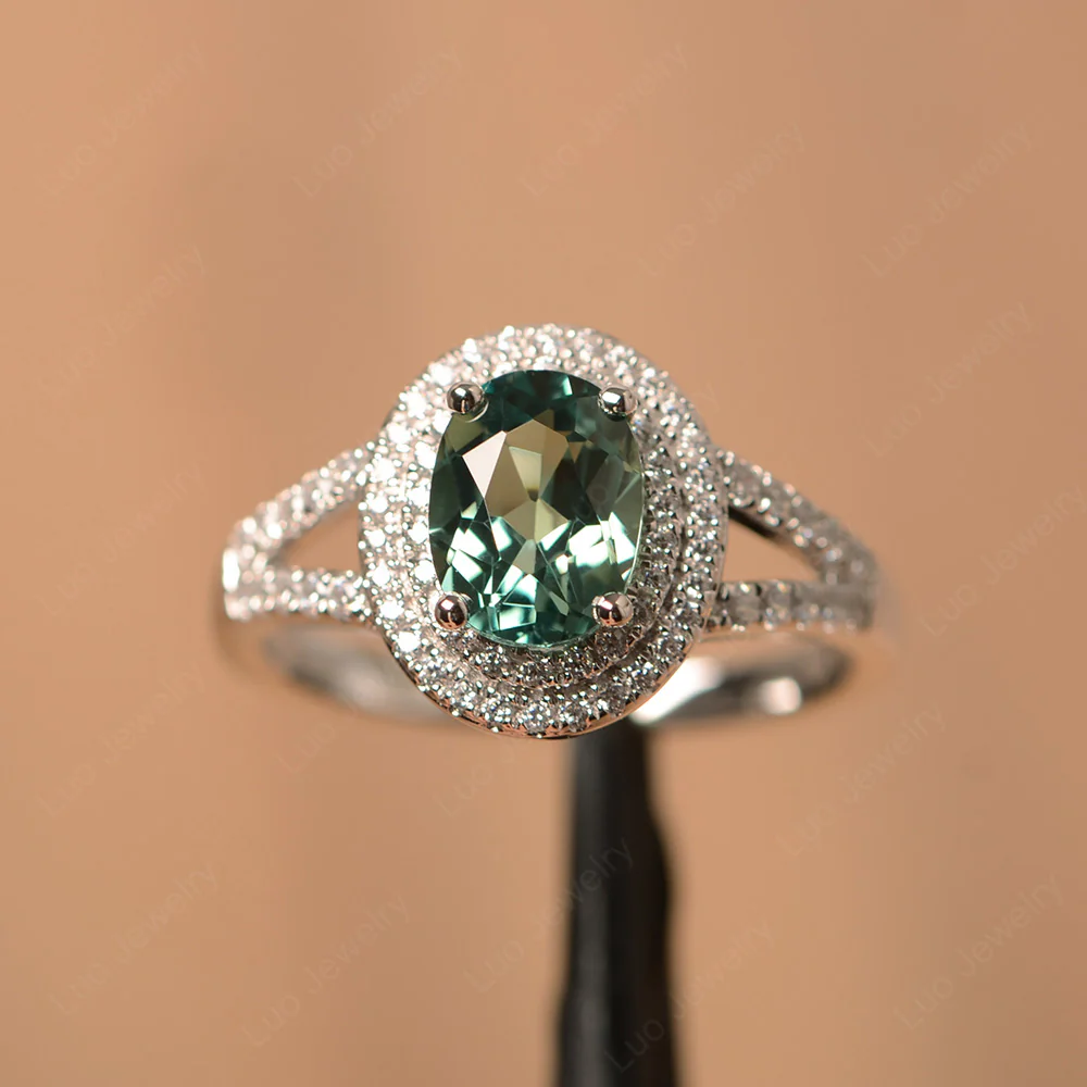 Green Sapphire Double Halo Oval Engagement Ring