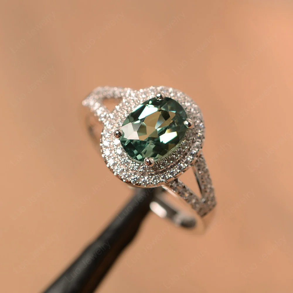 Green Sapphire Double Halo Oval Engagement Ring - Image 2