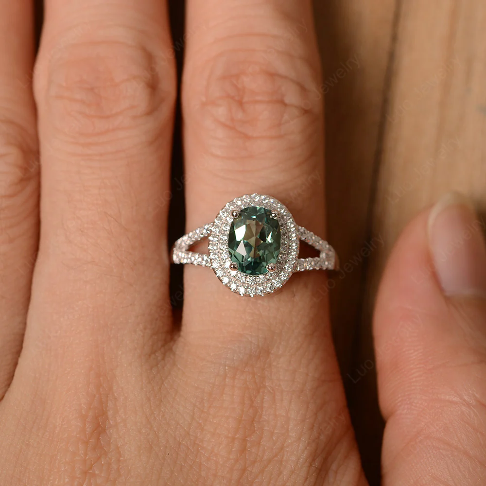 Green Sapphire Double Halo Oval Engagement Ring - Image 4