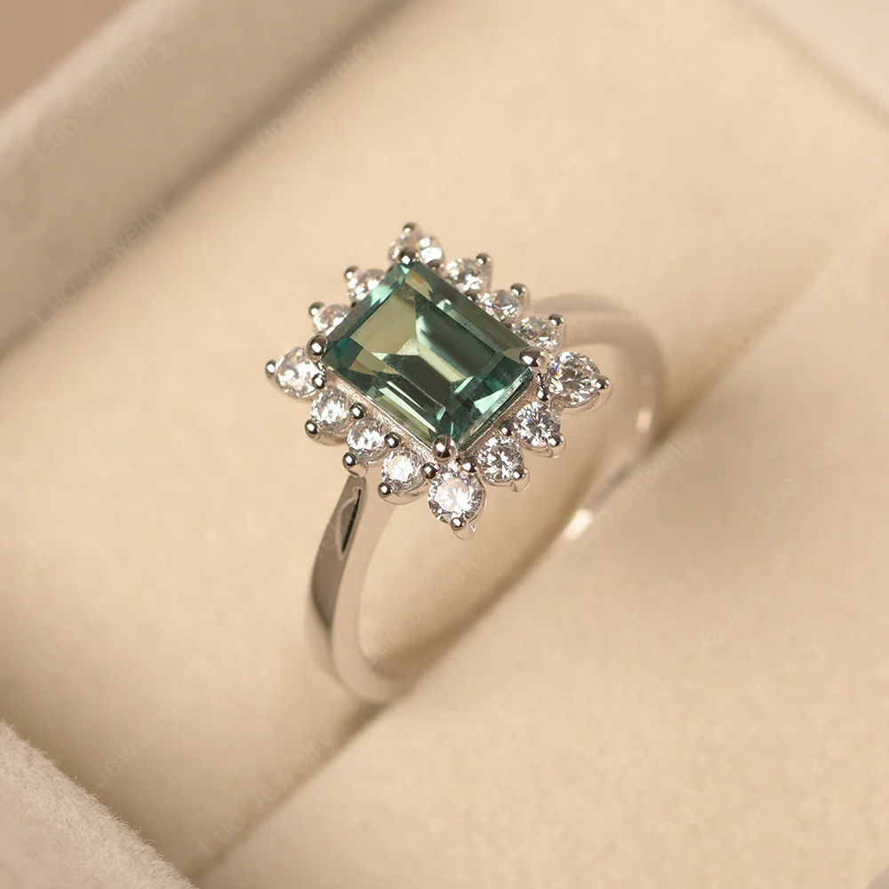 Green Sapphire Emerald Cut Halo Ring