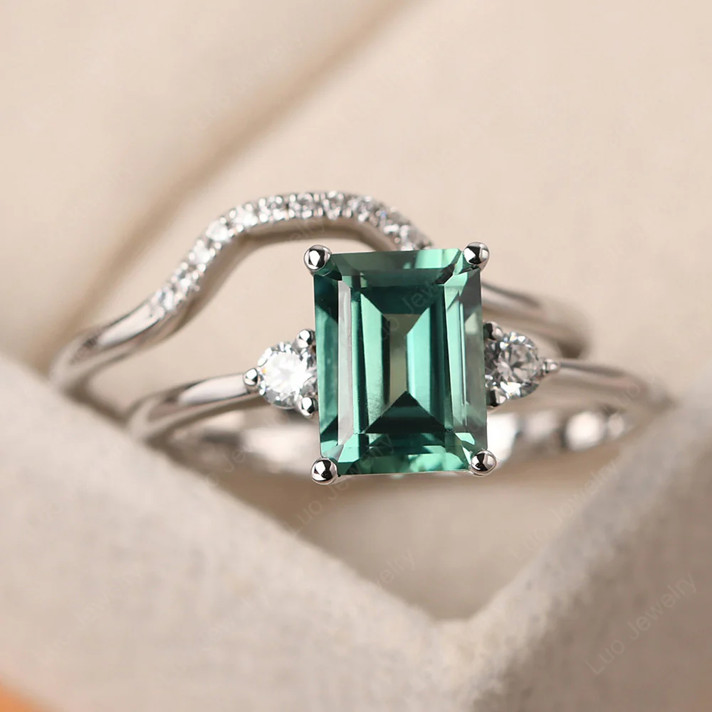 Green Sapphire Emerald Cut Ring with Band - Image 2