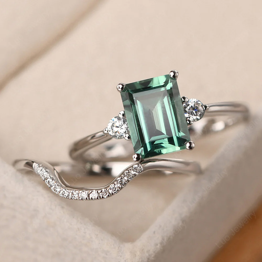 Green Sapphire Emerald Cut Ring with Band - Image 3