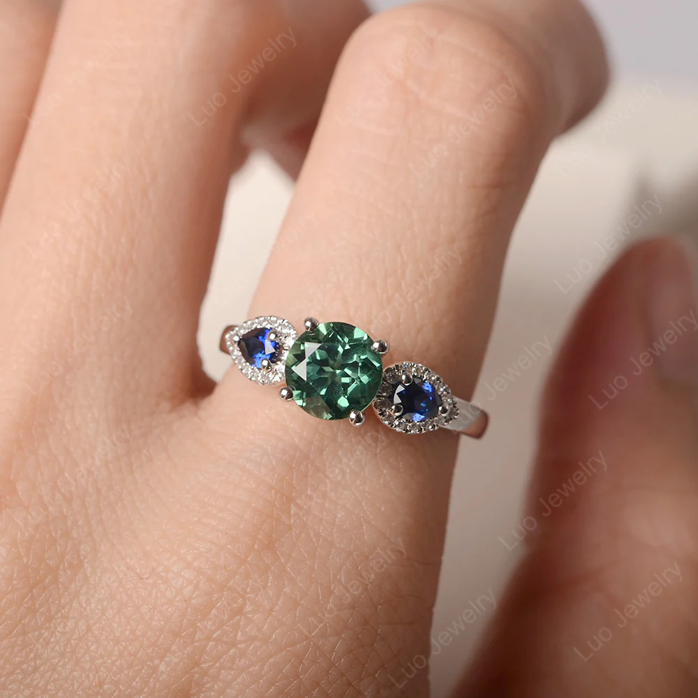 Three Stone Euro Shank Green Sapphire Ring - Image 5