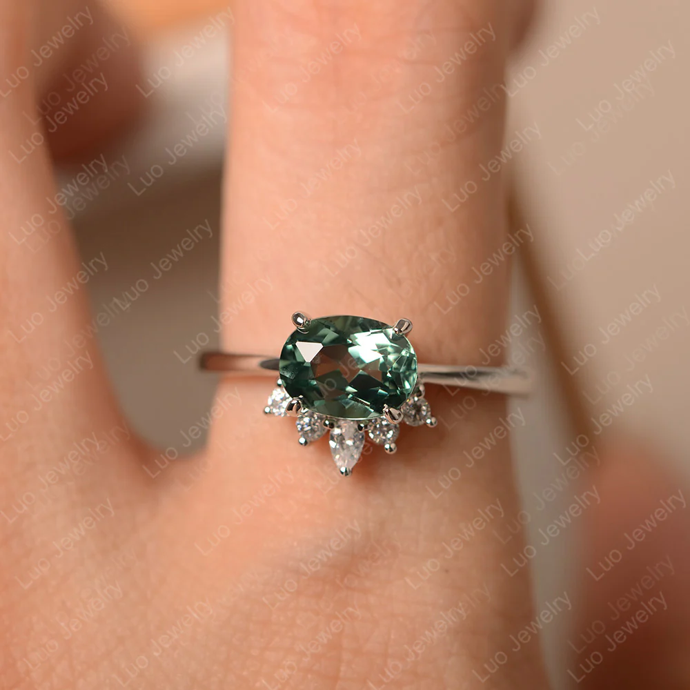 Half Sunburst Oval Green Sapphire Ring - Image 4