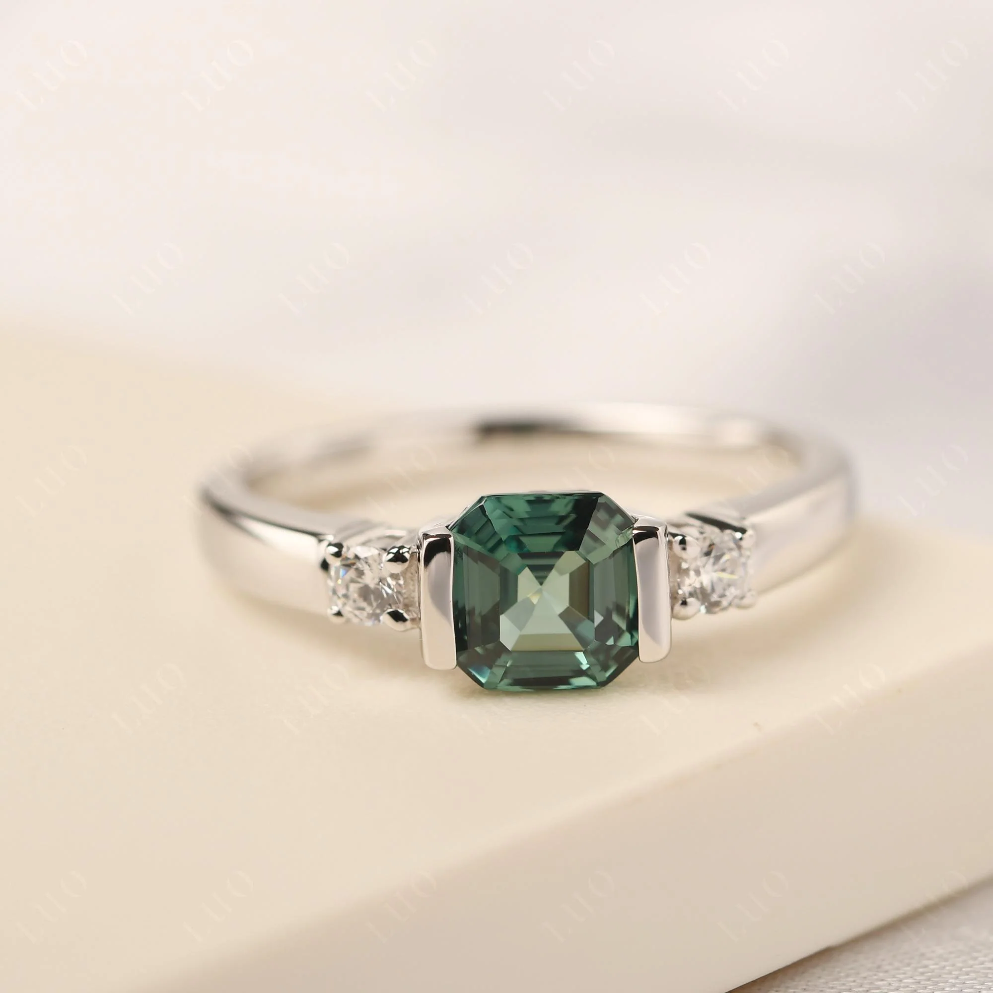 Green Sapphire Half Bezel Set Asscher Cut Ring - Image 10
