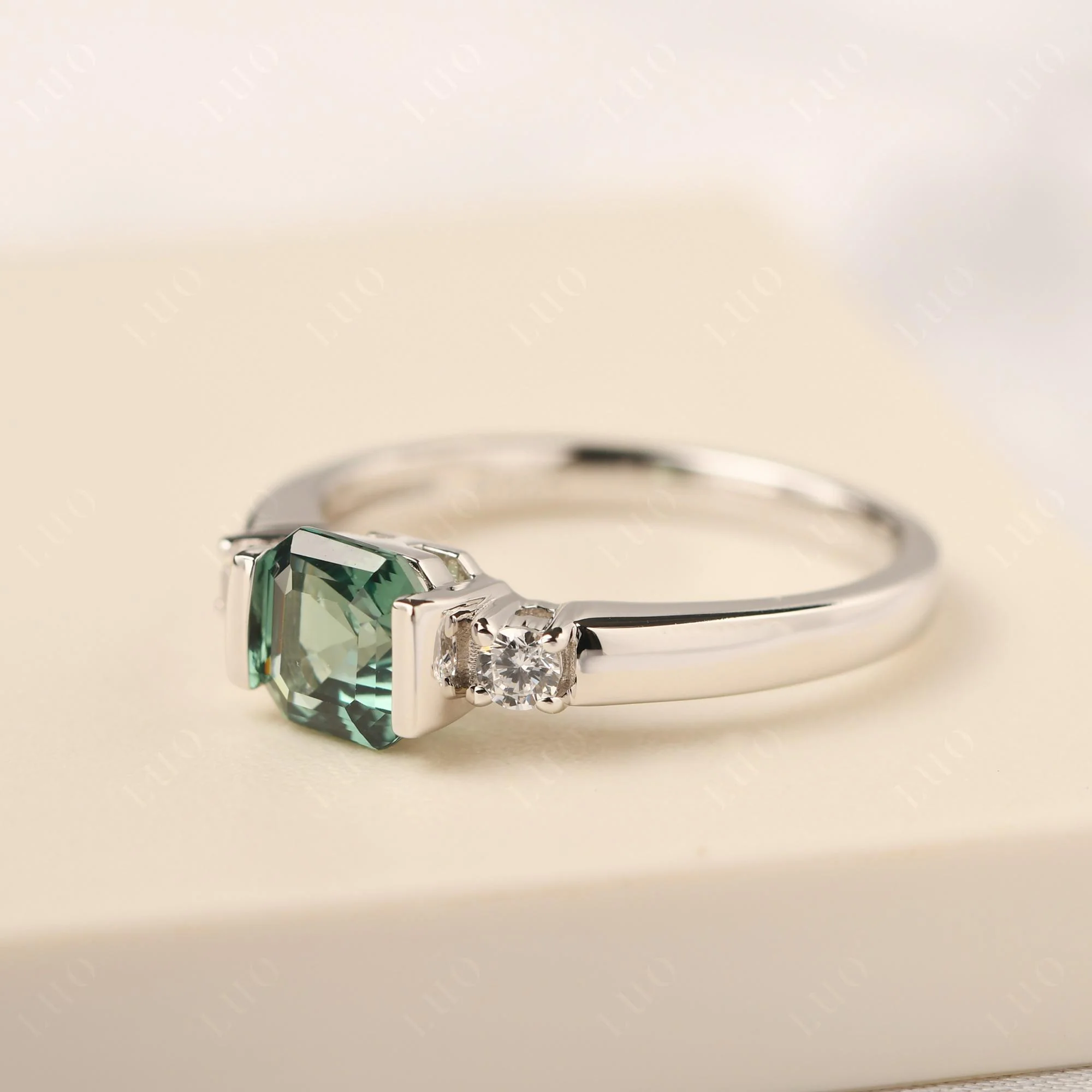 Green Sapphire Half Bezel Set Asscher Cut Ring - Image 11