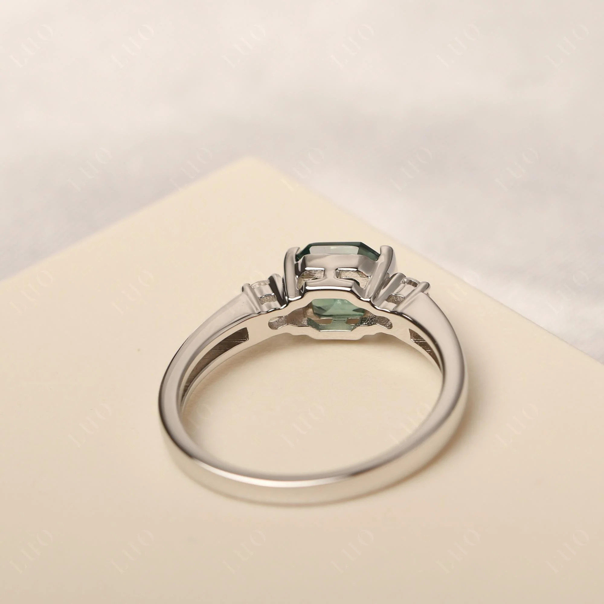 Green Sapphire Half Bezel Set Asscher Cut Ring - Image 12