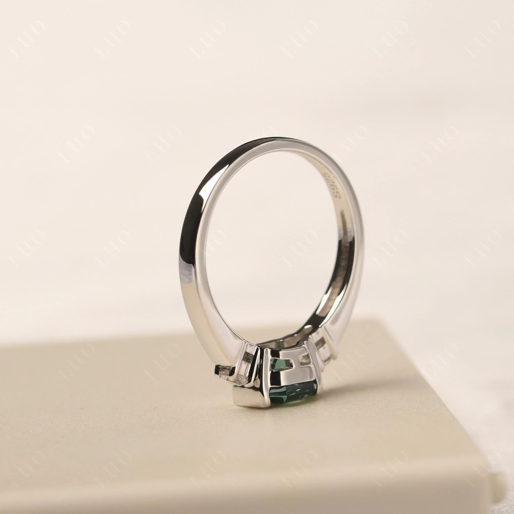 Green Sapphire Half Bezel Set Asscher Cut Ring - Image 13